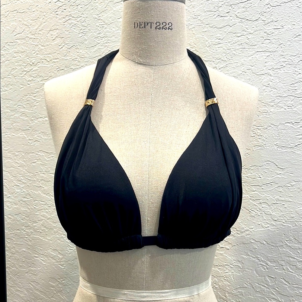 Ralph Lauren Elegant Black Halter Bikini Top adjustable gold accents stunning